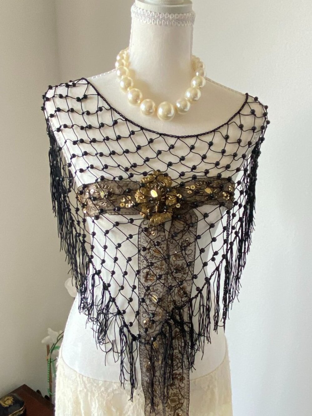 Black crochet/mesh hip scarf / belt with black beads and long fringe perfect for